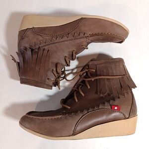 Oliberte Selki Moccasin Ankle Boots Shoes Womens 39 8 Brown Wedge Goat Leather